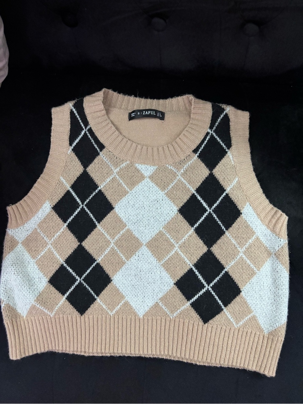 Crop Knit Vest Beige, Black & White Argyle.